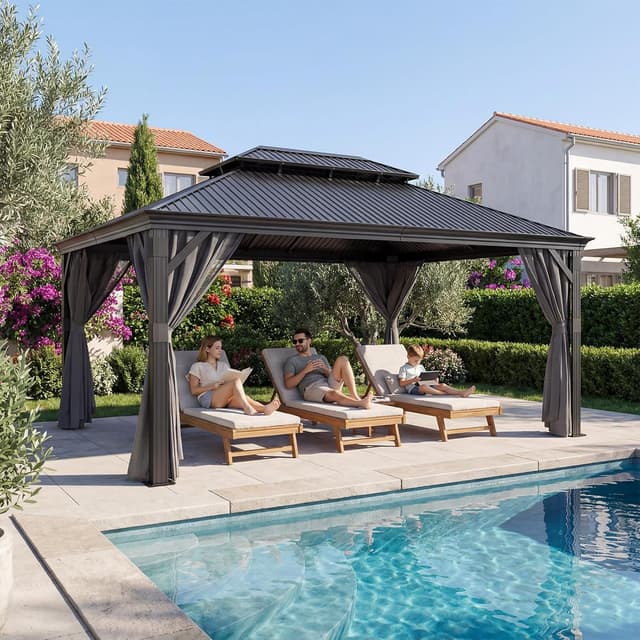 Detalle de JUMMICO Pavillon 3,65 x 4,85 m hardtop double toit imperméable avec stores et moustiquaires, gris