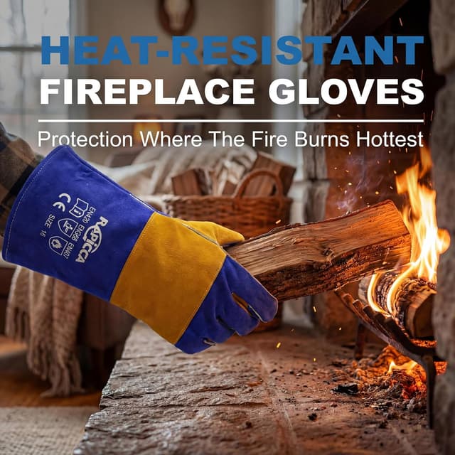 Detalle de RAPICCA Welding Gloves Fire Heat Resistant (Blue) 16IN, 932°F Leather Cover for MIG/Flux-Core/SMAW & forge work