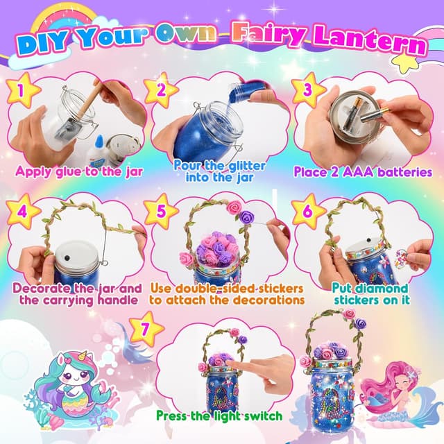 Detalle de Hapikids Mermaid Lantern Craft Kit for Girls (Age 4–12) – DIY Glitter Jar Night Light & Party Decoration