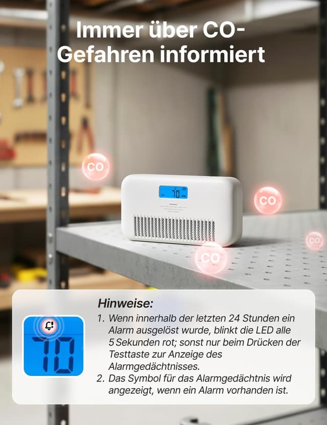 Detalle de X-Sense XC0M-SR Kohlenmonoxid-Melder mit Temperatur- & Feuchtigkeitsüberwachung und Sprachansagen (1 Stück)