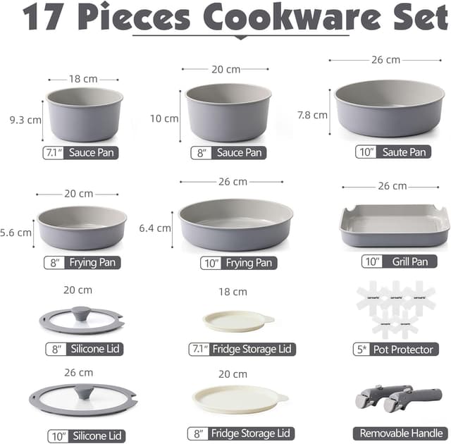 Detalle 2 de SENSARTE Keramik Topfsets Pfannenset 17-teiliges Antihaft-Kochgeschirr mit abnehmbaren Griffen (Grau)