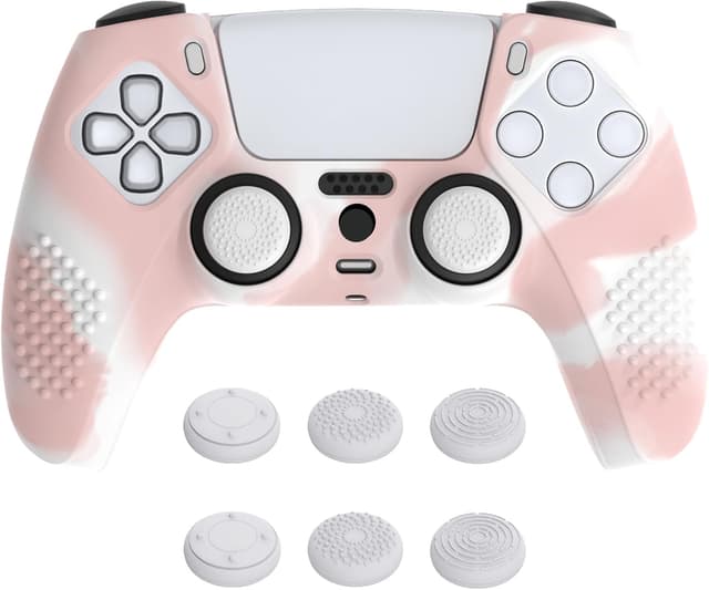 Detalle de eXtremeRate PlayVital 3D Studded Edition anti-slip silicone cover skin for PS5 controller (Pink & White)