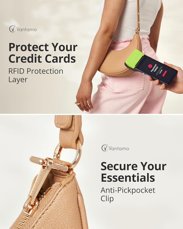 Detalle de Borsa a mezzaluna da donna in ecopelle antifurto RFID con tracolla regolabile e clip antiborseggio