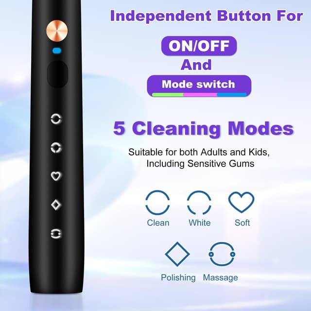 Detalle de Acelike Whitening Electric Toothbrush (Black) — Rechargeable Sonic Brush with 8 Heads, 5 Modes, Smart Timer, IPX7