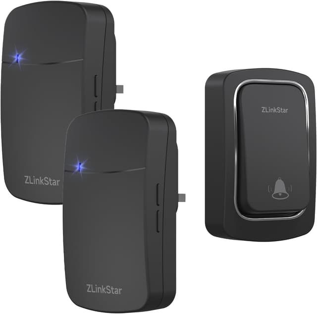Detalle de ZLinkStar self-powered wireless doorbell kit (black) with 1 transmitter and 2 receivers, IP65, 38 chimes, 5-volume levels, up to 1300 ft range