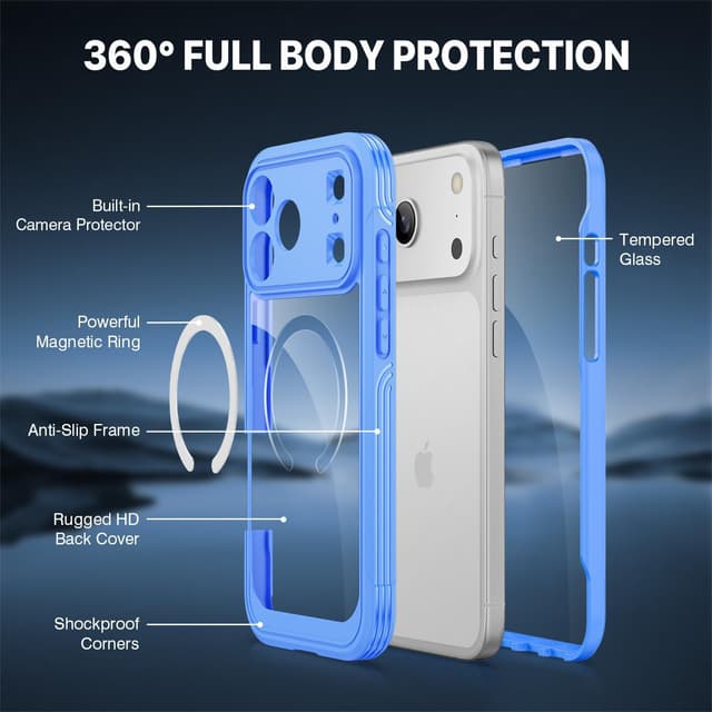 Detalle 2 de CENHUFO MagSafe iPhone 17 Pro case with built-in 9H glass screen protector – 360° shockproof bumper (Blue)