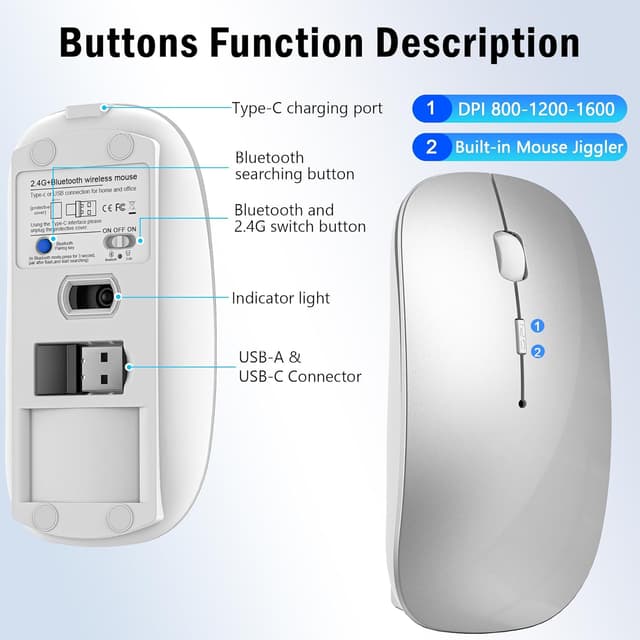 Detalle 2 de Azmall Wireless Mouse Slim (wiederaufladbar, Dual-Modus 2,4G & Bluetooth, silberner Jiggler-Modus) für MacBook Air, Laptop & Tablet