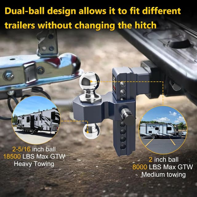 Detalle 2 de Vullteeon Adjustable Trailer Hitch Drop Hitch for 2.5-Inch Receiver (8-Inch Aluminum, Dual-Ball, 18,500 LB)