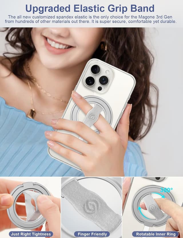 Detalle de EWA MagOne 3rd Gen MagSafe-compatible phone grip stand with finger strap (Silver)