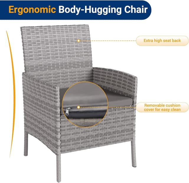 Thumbnail 6 de UDPATIO 3-teilige Gartenlounge Set für 2 Personen mit Glastisch und 2 Stühlen (Polyrattan), grau