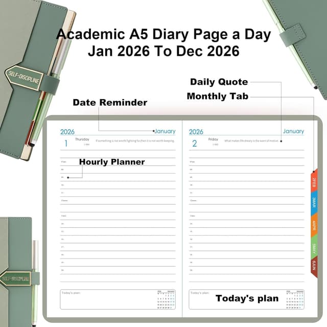 Detalle de Mljtoyo A5-Tagesplaner 2026 (Tag pro Seite) – Produktivitätstagebuch von Januar bis Dezember in Hellgrün