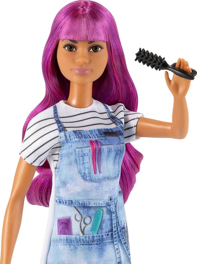 Detalle de Barbie GTW36 Haartylistin-Puppe (ca. 30 cm) mit Zubehör – lila Haare, Geschenk für Kinder ab 3 Jahren