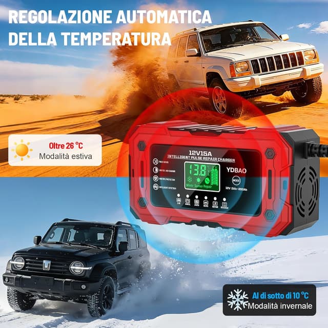 Thumbnail 6 de YDBAO 15A caricabatteria auto 12V automatico con display LCD e compensazione temperatura