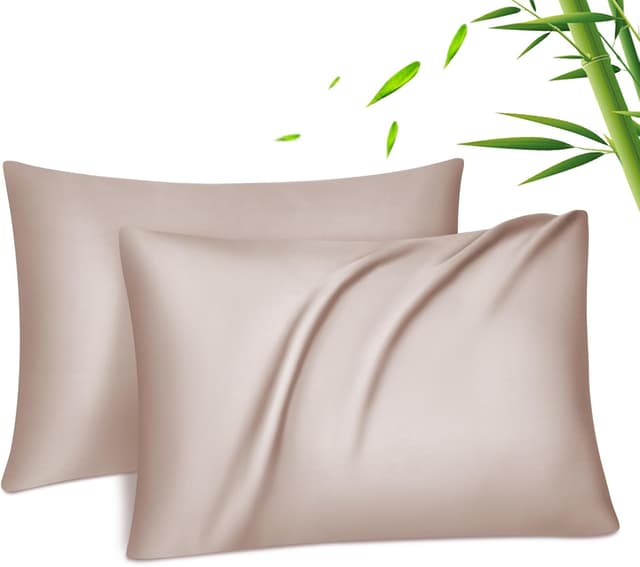 Detalle de Fittia 2er-Set Lyocell-Bambus Kissenbezüge Rosebeige (50x75 cm) – seidig weich, kühlend & atmungsaktiv