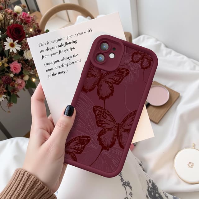 Detalle de FUXICASE for iPhone 12 Case with Butterfly Design (Burgundy Red) – Soft Silicone, Shockproof Protection