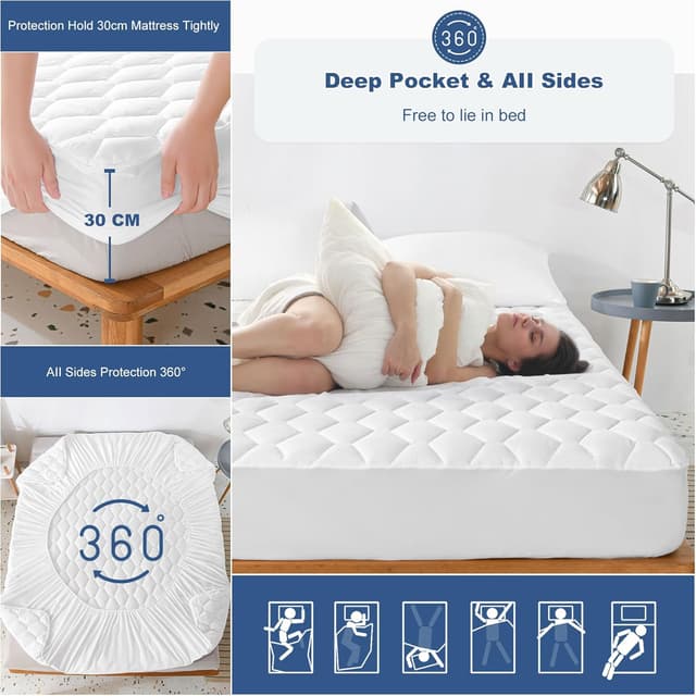 Detalle de GRT Waterproof Mattress Protector for Double Bed (30cm Extra Deep Skirt) – OEKO-TEX certified, noiseless & breathable