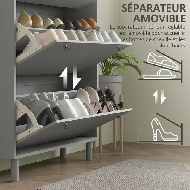 Detalle de HOMCOM Meuble à chaussures étroit 24 paires avec 3 tiroirs rabattables et étagères réglables, 80 x 23,5 x 121 cm, gris