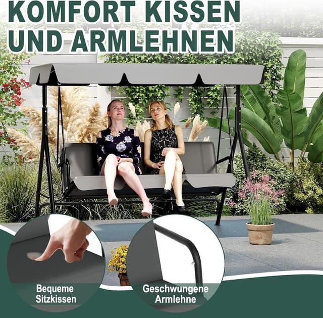 Thumbnail 6 de UISEBRT Hollywoodschaukel für 3 Personen mit verstellbarem Sonnendach – belastbar bis 200 kg, wetterfest (Grau)