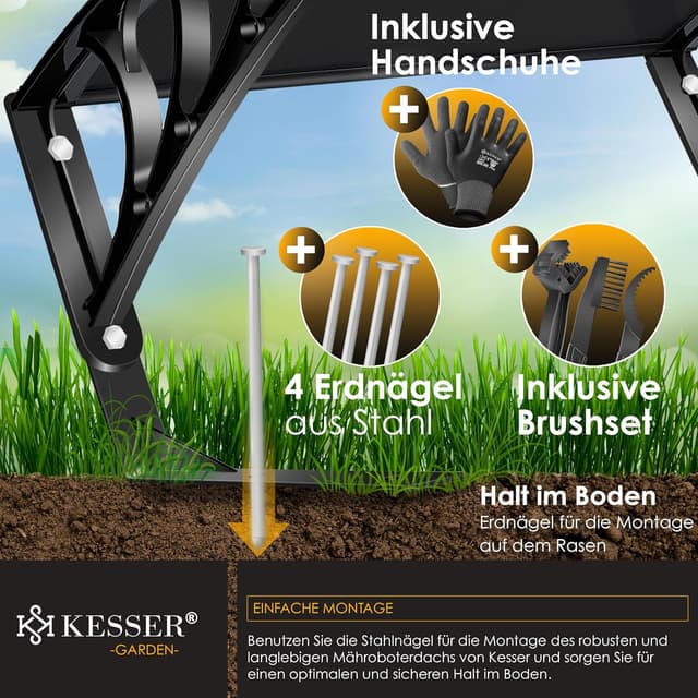 Detalle de KESSER® Mähroboter-Garage mit Dach aus Polycarbonat (82 x 103 x 47 cm) – inkl. Handschuhe & Brushset, schwarz