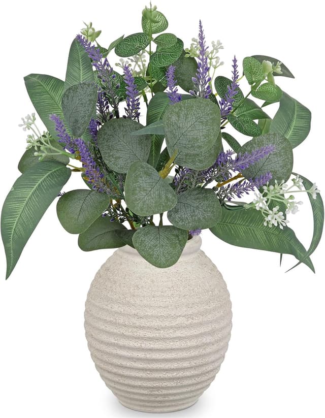 Detalle de Arborus Künstlicher Eukalyptus im Topf (37 cm) mit Lavendel in Vintage-Keramikvase