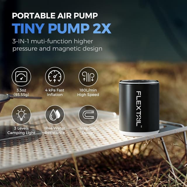 Detalle de FLEXTAILGEAR Portable Air Pump (Electric Vacuum Bag Pump) – 4kPa, 180L/min, with LED torch and 5 nozzles