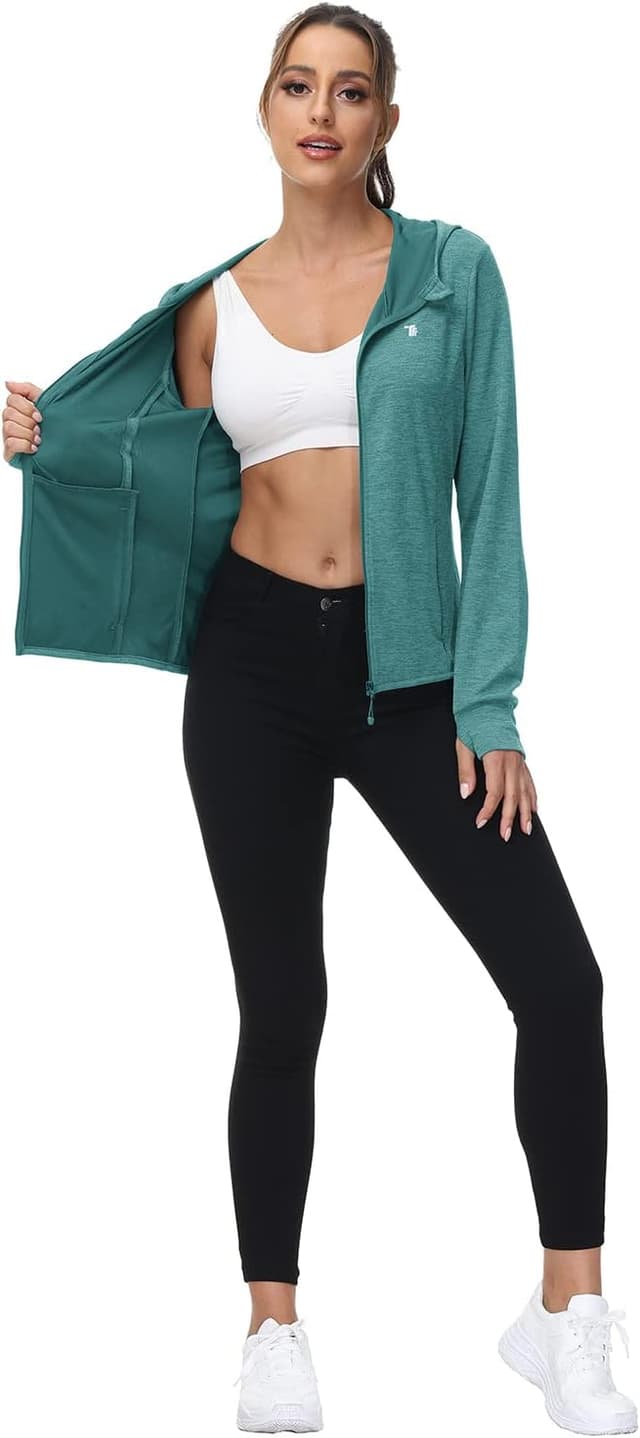 Detalle de donhobo Women’s Running Jackets with Thumb Hole – breathable, UPF 50+ zip-up hoodie with side pockets