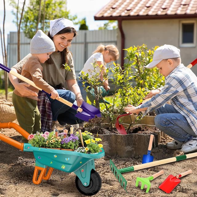 Detalle 2 de JONRRYIN Carriola per bambini con set giardinaggio (14 pezzi) e guanti in dotazione