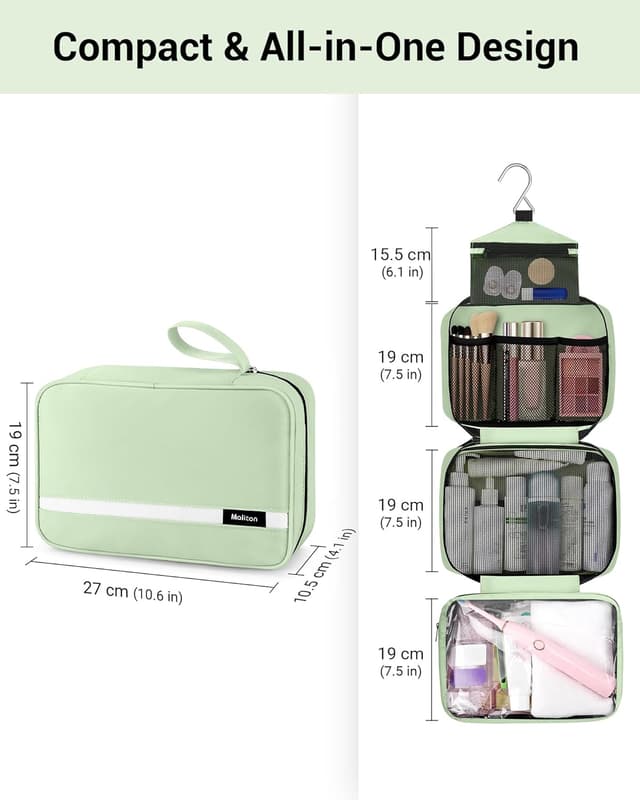 Detalle de Maliton Hanging Toiletry Bag (Large) with 4 Compartments – Foldable Wash Bag in Light Green