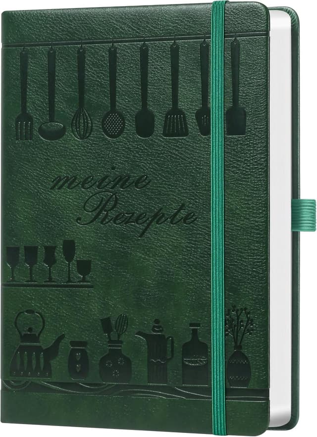 Detalle de Rezeptbuch A5 zum Selberschreiben – Notizbuch für Lieblingsrezepte mit Inhaltsverzeichnis & Register, Grün