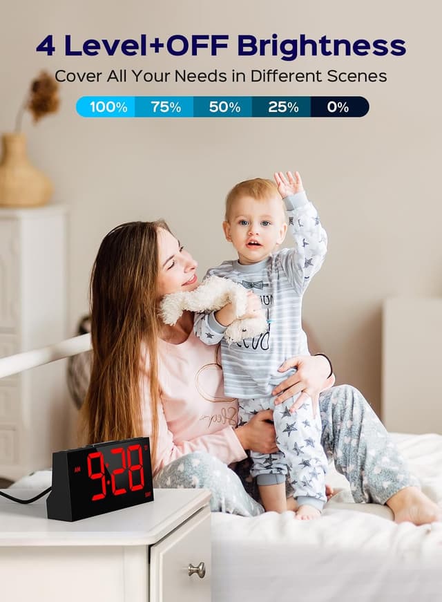 Detalle de GOLOZA Digital Alarm Clock for Bedrooms with Dual Alarms, 4-Level Brightness & USB Port
