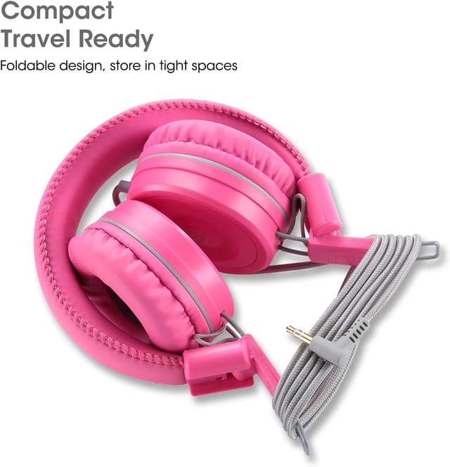 Detalle de noot products Kids K22 Foldable Stereo Wired Headphones (3.5mm, Tangle-Free 5ft Cord) - Flamingo Pink