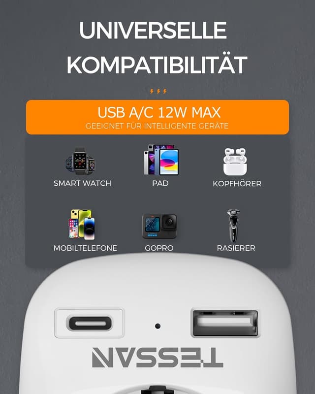 Thumbnail 6 de TESSAN 2er Pack Reiseadapter USA (3-in-1) mit USB-C und USB-A – für USA/Kanada/Mexiko/Thailand, 1250 W