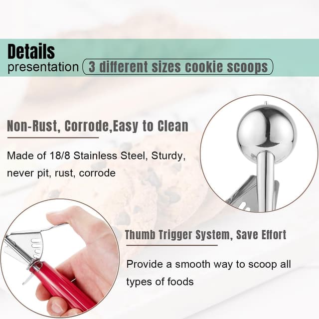 Detalle de Saebye Cookie Scoop Set (18/8 Stainless Steel) – 3 Size Disher for Cookies, Cupcakes & Ice Cream