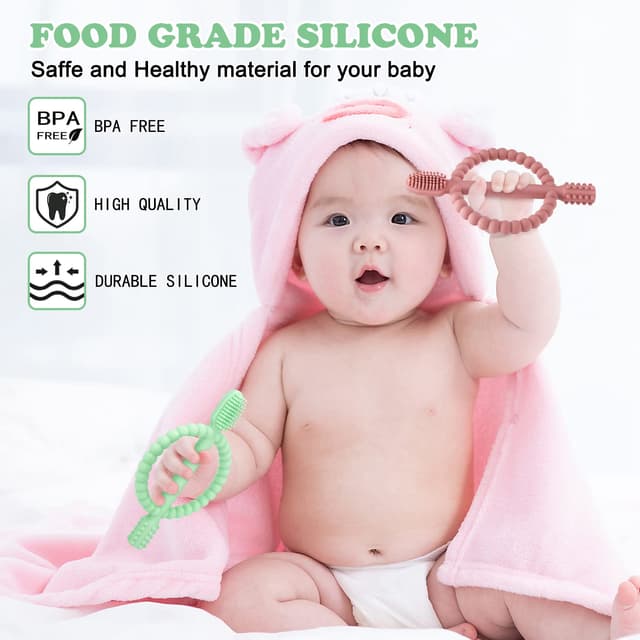 Detalle de Baby Teething Toys with Easy-Hold Handle, Silicone Infant Toothbrush (0–12 Months) — Bright Green & Caramel