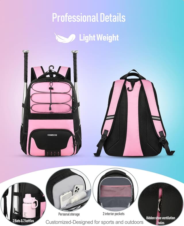 Detalle 2 de COMECOI Softball Bag: Lightweight Baseball Backpack with Shoes Compartment & Dugout Fence Hook
