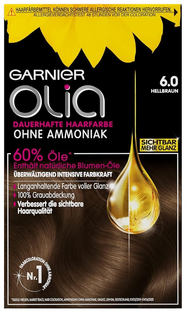 Detalle de Garnier Olia Dauerhafte Haarfarbe ohne Ammoniak 6.0 Hellbraun (Packung mit 2), inkl. Pflegekur
