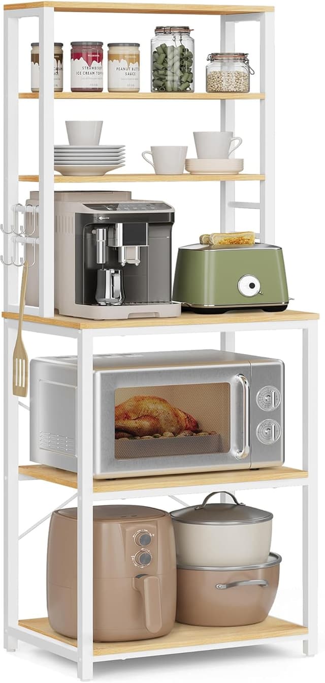 Detalle de VASAGLE Küchenregal KKS024W09 – Standregal mit 6 Ablagen, 6 Haken und höhenverstellbarer Mittelablage