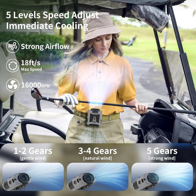 Detalle 2 de SoCool 10000mAh Portable Waist Fan (Clip-On, Hands-Free) with 5 Speeds & Flashlight, Rechargeable Gray