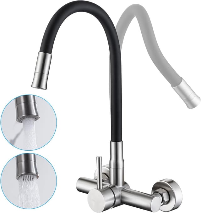 Detalle de LakeBayMZC Rubinetto da cucina a montaggio a parete in acciaio inox 304, nero con 2 tipi di getto e flessibile
