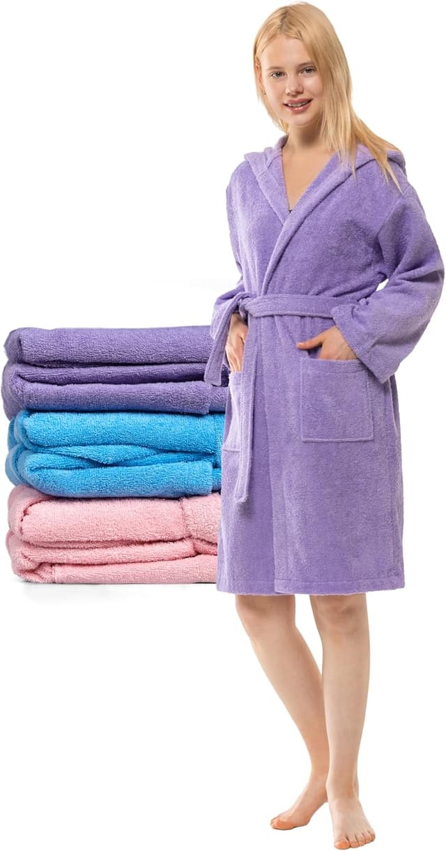 Detalle de Twinzen Bademantel für Kinder & Teenager mit Kapuze aus 100% Baumwolle (Frottee) – Oeko-Tex