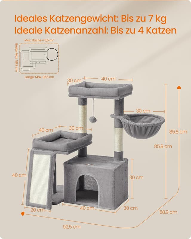 Detalle 2 de Feandrea Kratzbaum mit Kratzsäulen, Rampe und 2 großen Plattformen (Taubengrau) PCT013GD01