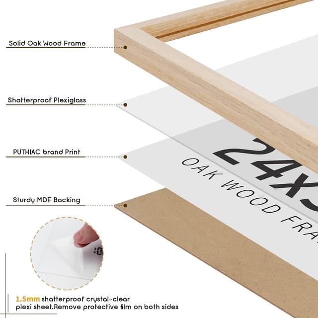 Detalle de Puthiac 24x36 Solid Oak Wood Picture Frame (24 x 36 Poster Frames), Plexi Front, Vertical or Horizontal, 1 Pack