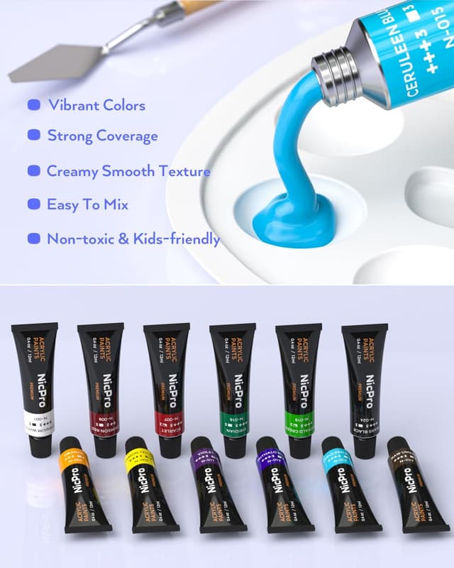 Detalle de Nicpro Kids Paint Set (34-piece) with Table Easel, 6 Canvas Panels & 12 Acrylic Colours