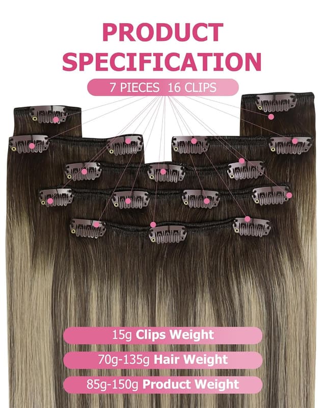 Thumbnail 5 de YoungSee Clip-in Echthaar Extensions Ombre Braun/Blond (50 cm, 120 g) – 7-teilig mit Clips