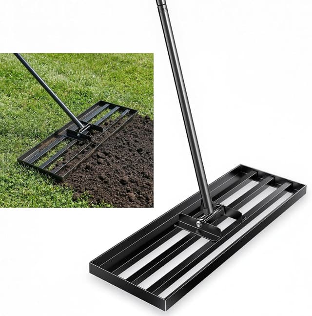 Detalle de Lawn Leveling Rake – Adjustable Handle, Dual Plate Sizes, Level Soil & Sand Faster (3X) with Stable Heavy-Duty Design