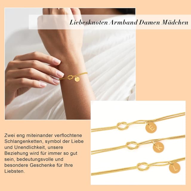 Detalle de HAYOUWAY Armband für Damen Gold mit Buchstaben (14K Gold vergoldet) als Liebesknoten-Knotenarmband