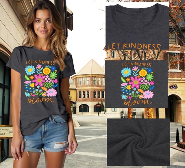 Detalle 2 de Qskall Women’s “Flora Be Kind” T-shirt – Let Kindness Bloom inspirational floral tee