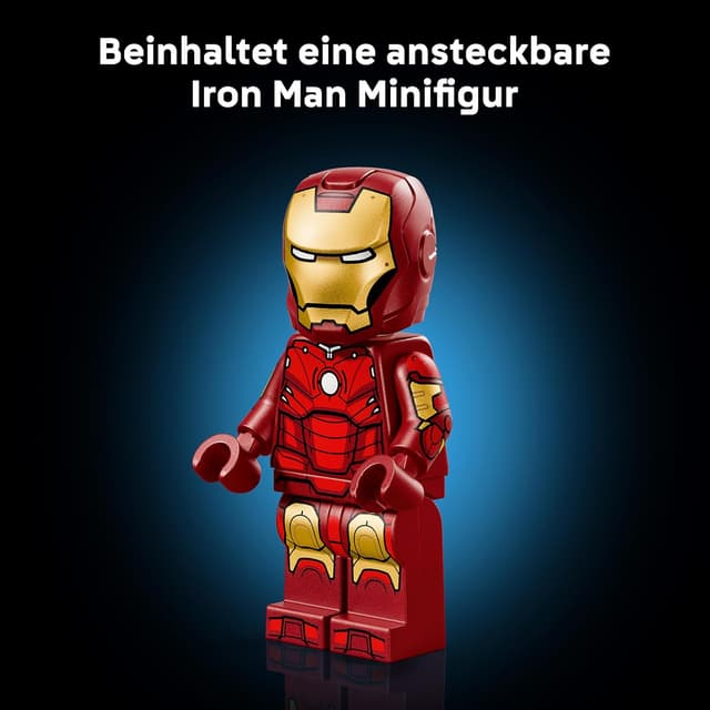 Detalle 2 de LEGO Marvel Iron Man Mark 3 Sammleredition (76344) – Bauset für Erwachsene mit Minifigur, Ständer und Namensschild
