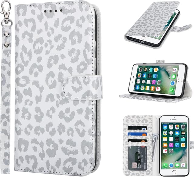 Detalle de Zouzt PU Leather Wallet Case for iPhone 8 Plus / 7 Plus (5.5-inch) with Credit Card Slots & Adjustable Kickstand – White Leopard