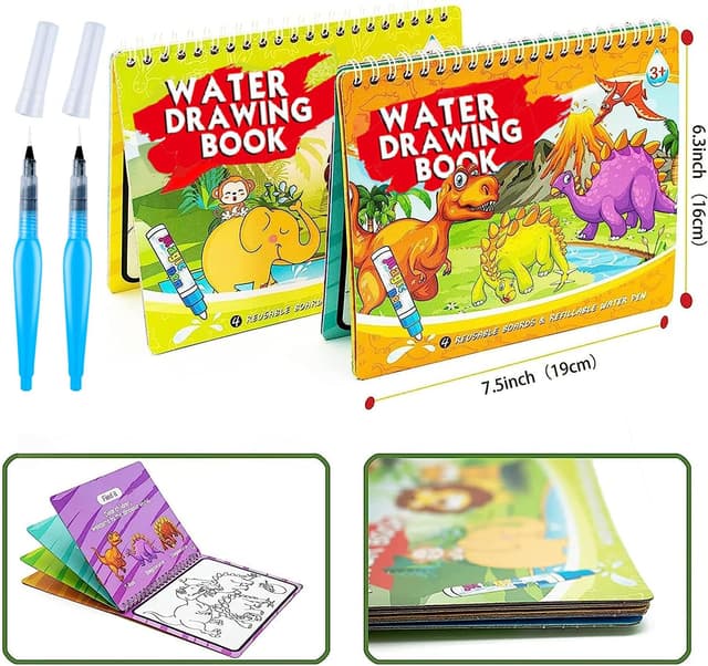 Detalle de hapray 2-Pack Magic Water Colouring Books for Toddlers (Dinosaur & Animal) — reusable mess-free doodle pads